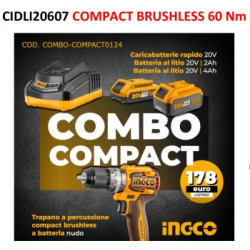 Trapano avvitatore a percuss.compatto brushless 20V - 60Nm - Ingco